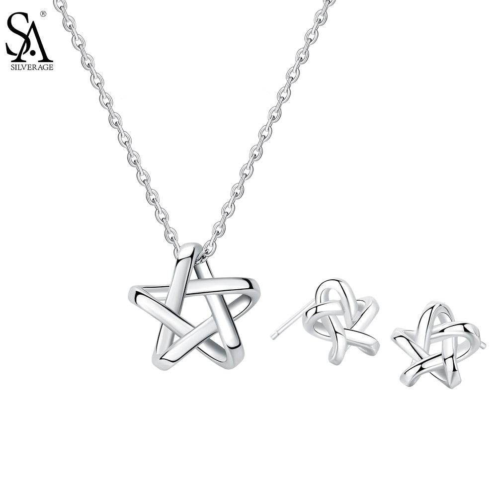 Real 925 Sterling Silver Jewelry Sets Star Stud Earrings & Pendant Necklaces Silver Pendant Necklaces Chokers