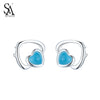 Real 925 Sterling Silver Love Heart Shape Stud Earrings for Women Crystal Sand Cat's Eye Fine Anniversary Jewelry