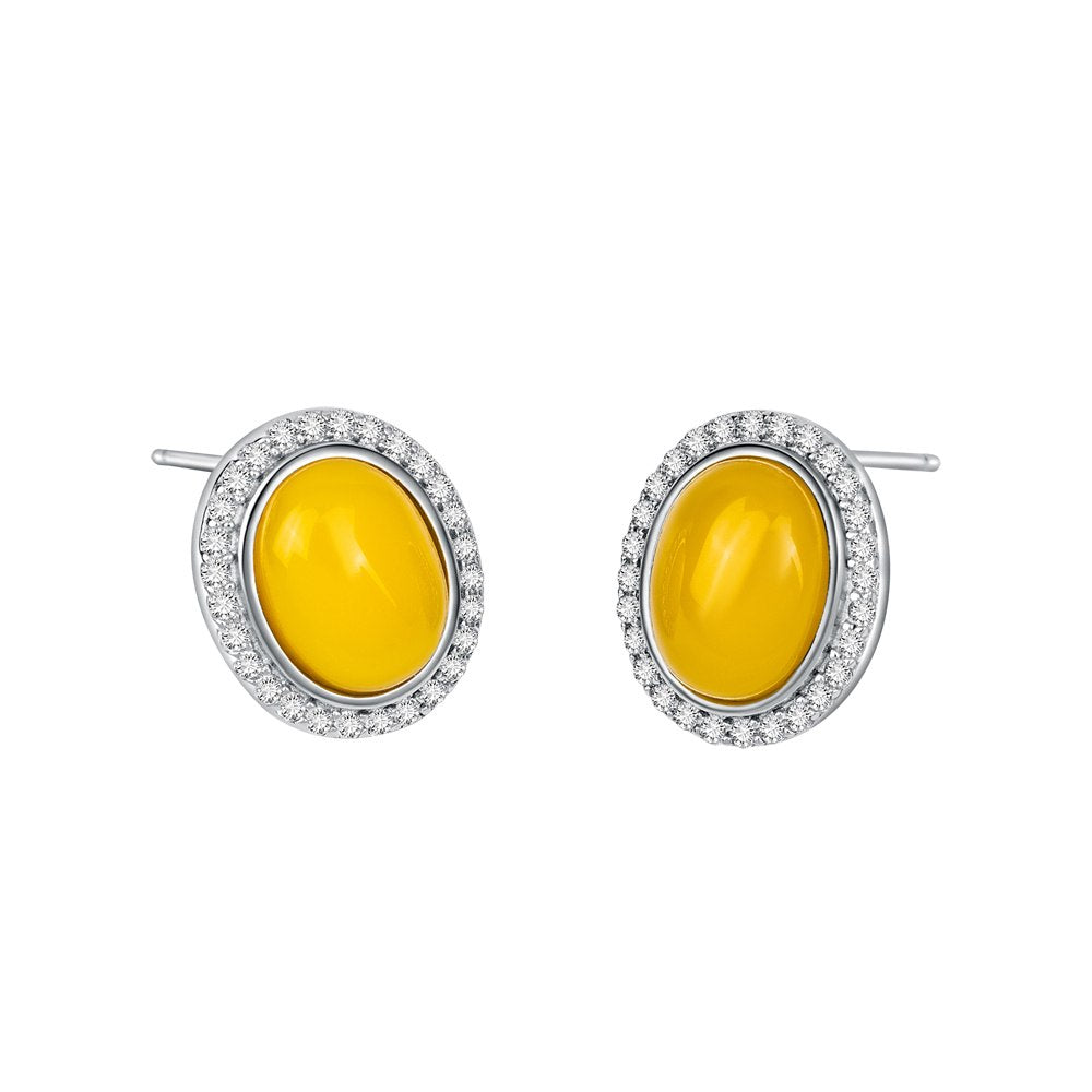Real 925 Sterling Silver Vintage Stud Earrings for Women Fine Jewelry Yellow Natural Chalcedony 2020 New Arrival