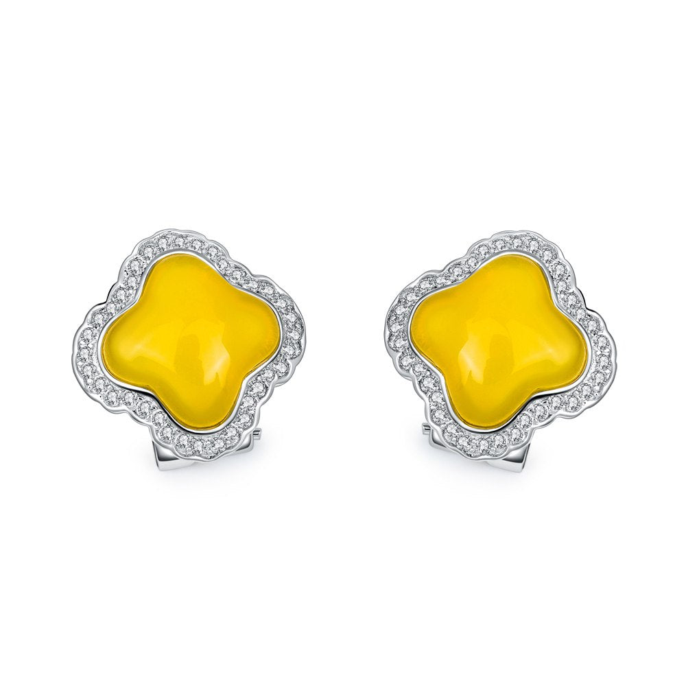 Real 925 Sterling Silver Vintage Stud Earrings for Women Fine Jewelry Yellow Natural Chalcedony 2020 New Arrival