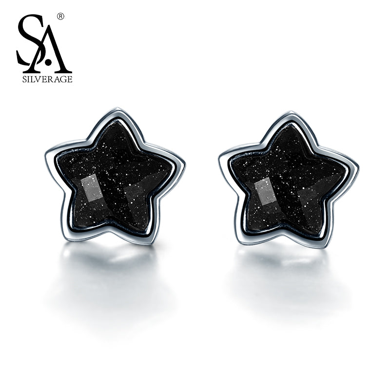 Silver 925 Earing Black Gemstone Star Stud Earrings Sterling Silver Jewelry For Women Party Gift Women Accessory