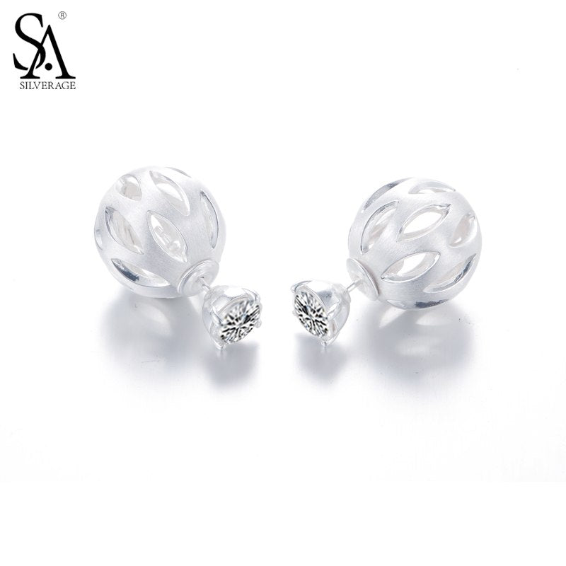 Silver Ball Earring Hollow Stud Earrings For Women 925 Silver Jewelry Female Girl Gift