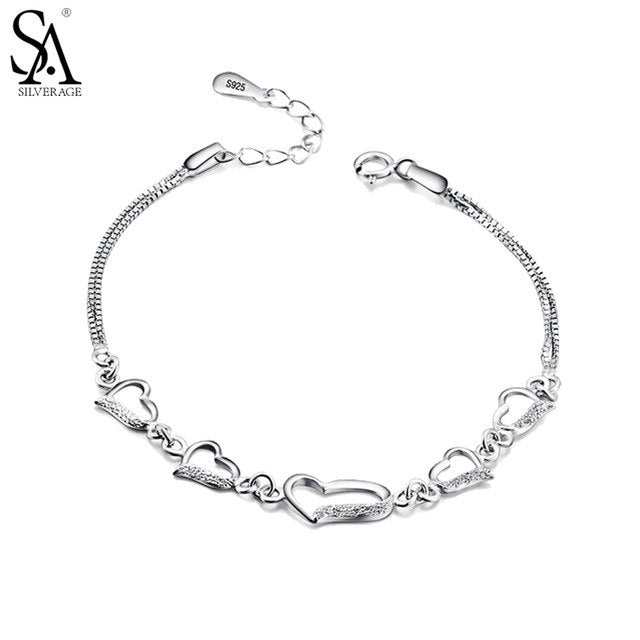 Silver Bracelet 925 Heart Charms Chain Bracelets For Women Female Sterling Pure Silver Jewelry Gift