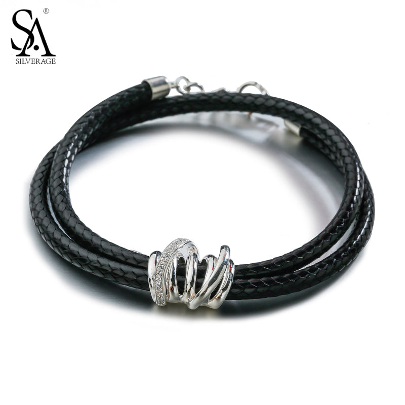 Silver Bracelet 925 Two Layer Leather Rope Real Silver Jewelry Bracelet For Women 2020 Accessory