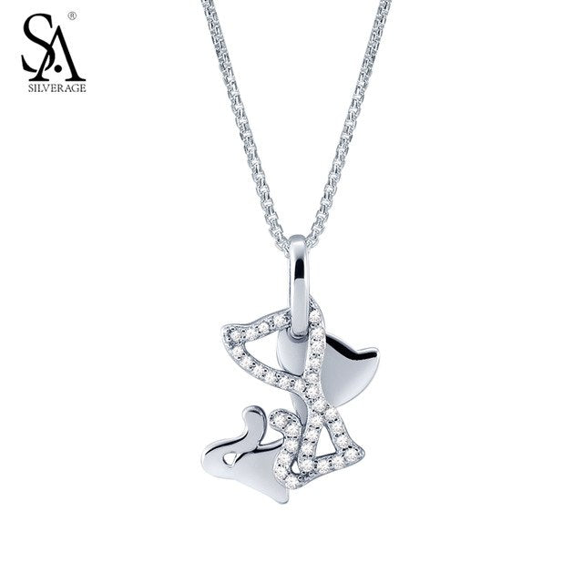 Silver Chain Necklace Cat Pendant Real Pure 925 Sterling Silver Necklace Jewelry S925 Women Accessory