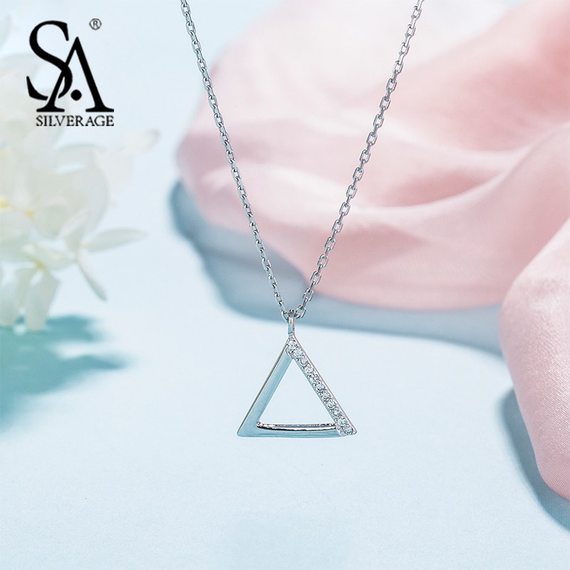 Silver Chain Necklace Triangle Pendant Genuine 925 Sterling Silver Necklace For Women Christmas New Year Gift