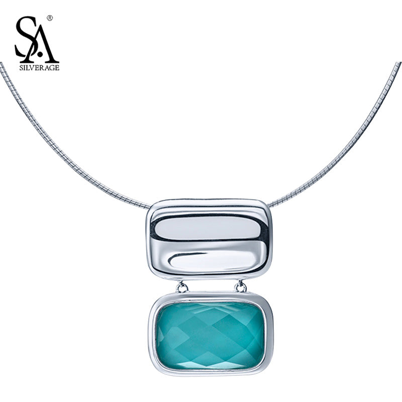 Silver Collier Argent Choker Neckalce Square Turquoise Pendant Genuine 925 Sterling Silver Jewelry Women Accessory