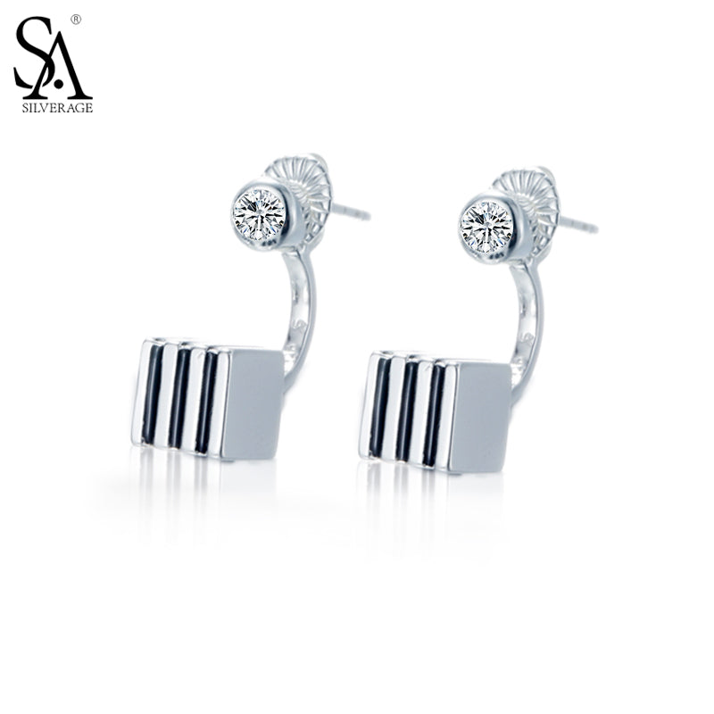 Silver Earings 925 Women Stripe Cube Stud Earrings With CZ Pure Silver Jewelry For Women Gift