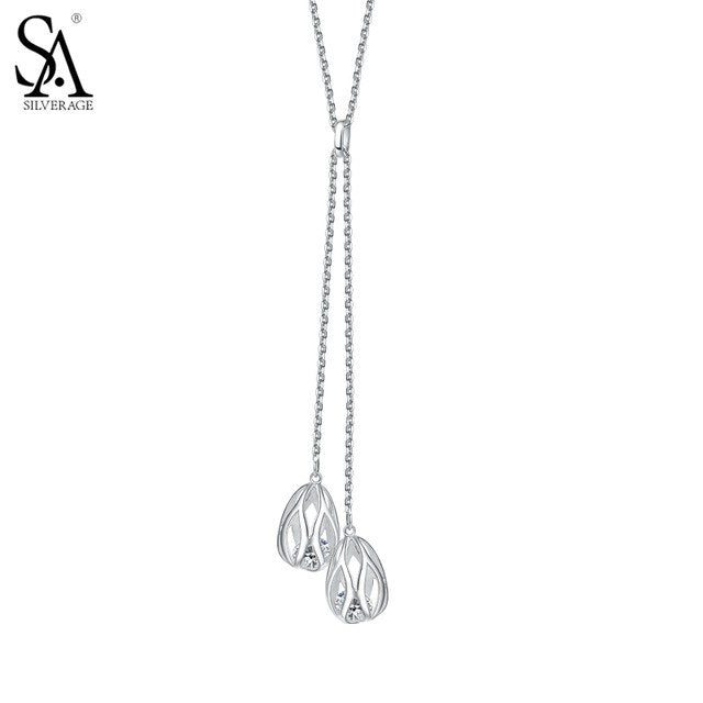 Silver Necklace Cage Pendant with CZ Stone 925 Sterling Silver Chain Long Sweater Necklace for Women Accessory