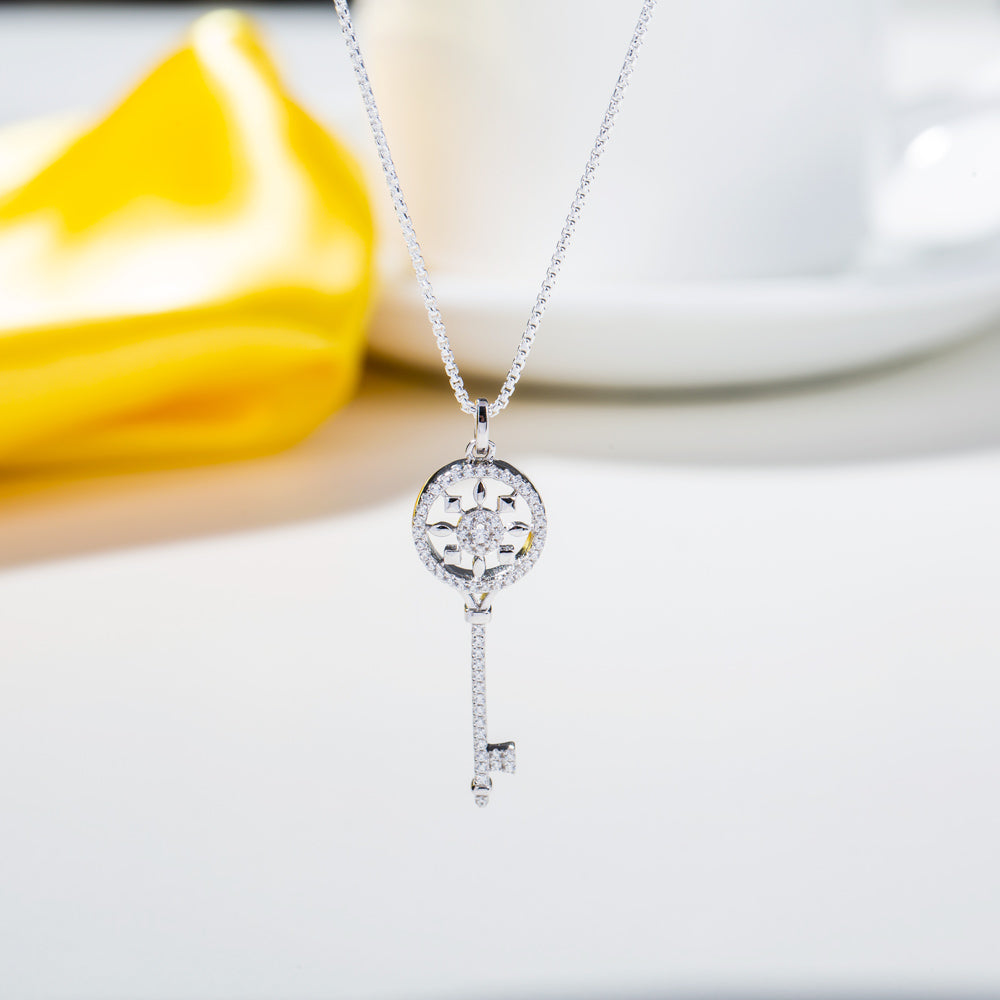 Silver Necklace Pendant Lover Key With CZ Real Pure 925 Sterling Silver Necklace Women Best Gift