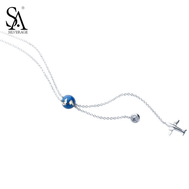 Silver Pendant Ball Airplane Necklace Long Genuine 925 Sterling Silver Sweater Nekcklace For Women Accessory