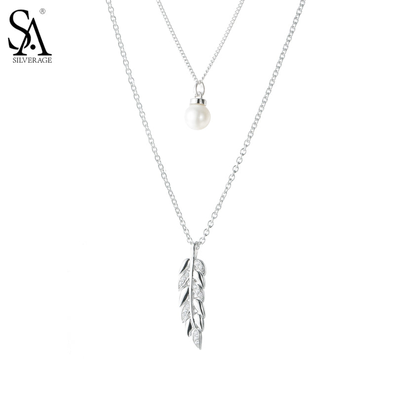 Silver Pendant Necklace Pearl Wheat Leaf with Pearl 925 Silver Chain Two Layer Sweater Necklace Women Fine Jewelry