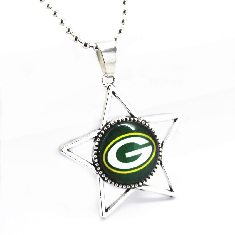 Green B Packers Football Sports Team Glass Pendant With 45cm Silver Beads Chains Necklace Jewelry For Sports Fan