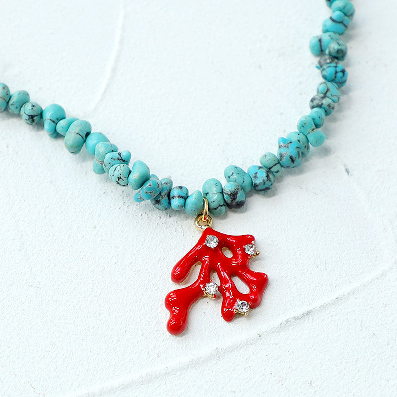 SAY Bohemian Colored Gravel Turquoises Semi Precious Stones Coral Alloy Charm Pendant Necklace Women Jewelry