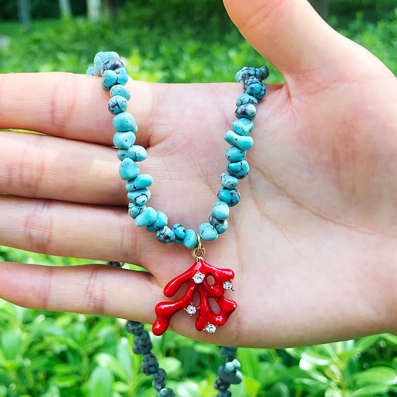 SAY Bohemian Colored Gravel Turquoises Semi Precious Stones Coral Alloy Charm Pendant Necklace Women Jewelry