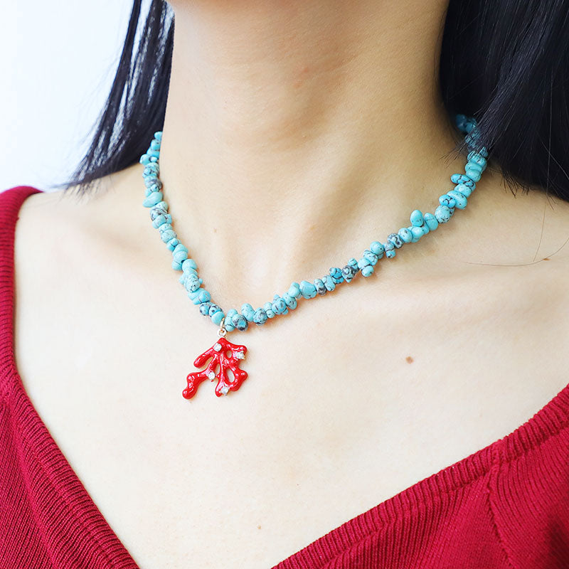 SAY Bohemian Colored Gravel Turquoises Semi Precious Stones Coral Alloy Charm Pendant Necklace Women Jewelry