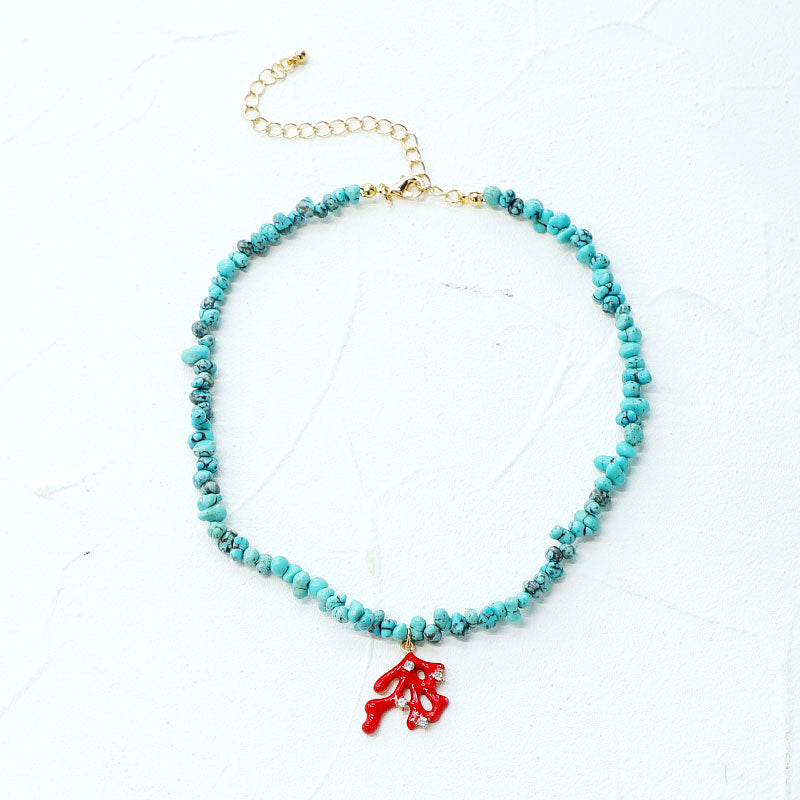 SAY Bohemian Colored Gravel Turquoises Semi Precious Stones Coral Alloy Charm Pendant Necklace Women Jewelry