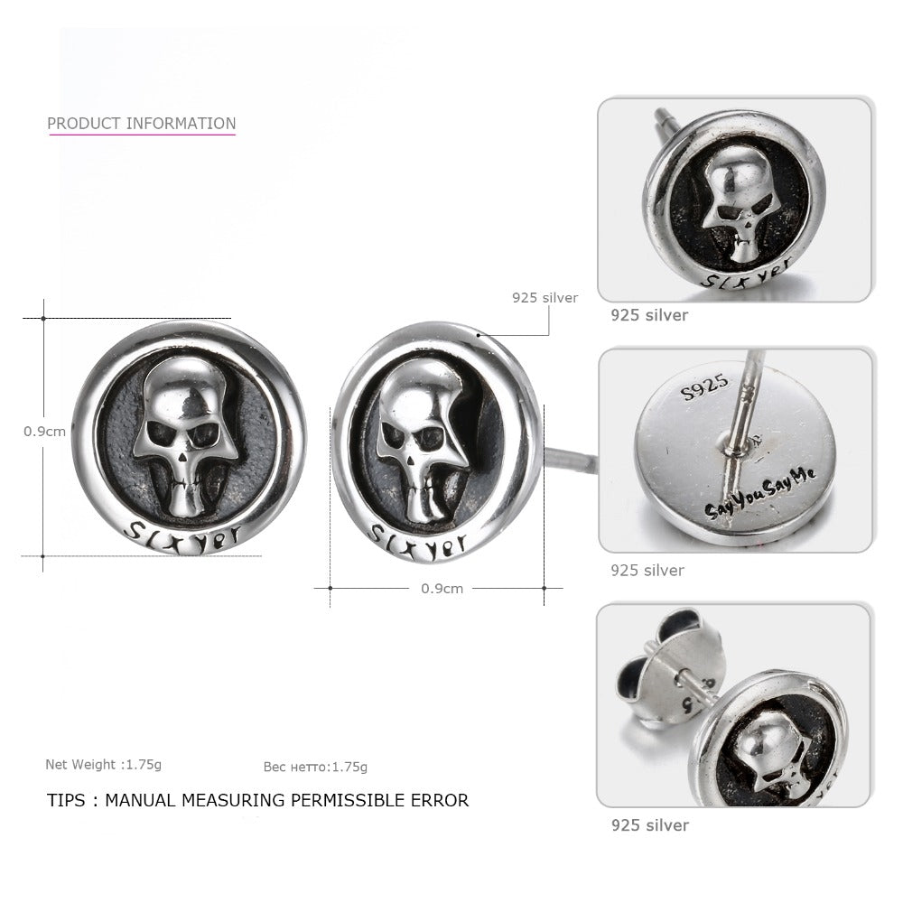 925 Sterling Silver Earrings Fine Jewelry Skull Stud Earrings for Women Round Antique Silver Dropshipping