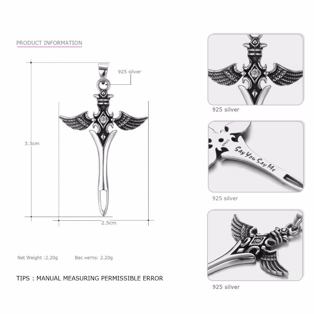 925 Sterling Silver Fine Jewelry Black Cross Pendants Necklaces for Women Antique Wing Silver Dropshipping