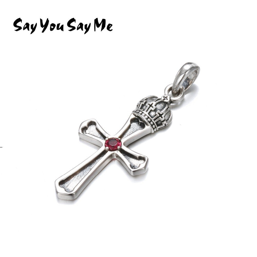 925 Sterling Silver Pendant Cross Pink Glass Stone Crown Silver Charms Necklace For Women Jewelry Dropshipping