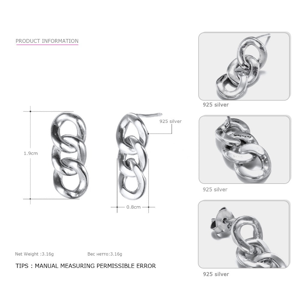 Romantic 925 Sterling Silver Punk Chain Silver Earrings Rock Style For Women Fine Jewelry Love Gifts Dropshipping