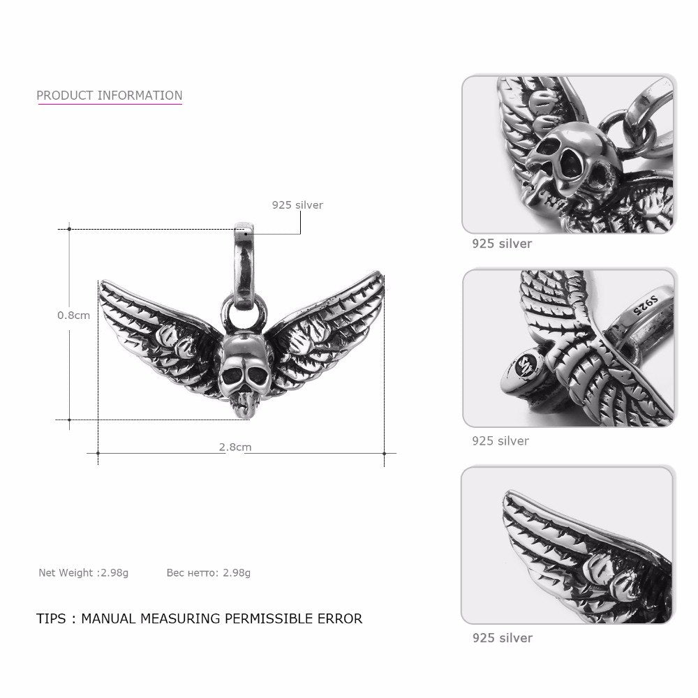 Ro Angel Wings Necklace Punk 925 Sterling Silver Trendy Skull Pendant Necklace Fine Jewelry Dropshipping
