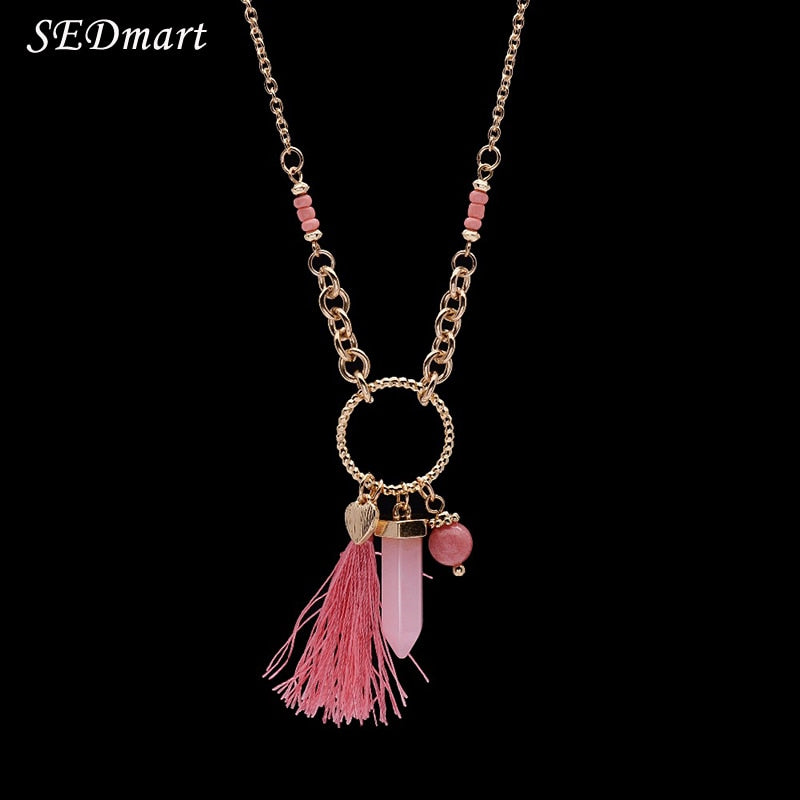 Point String Tassel Pendant Necklace BOHO Style Bullet Shape Natural Stone Pink Crystal Women Necklace