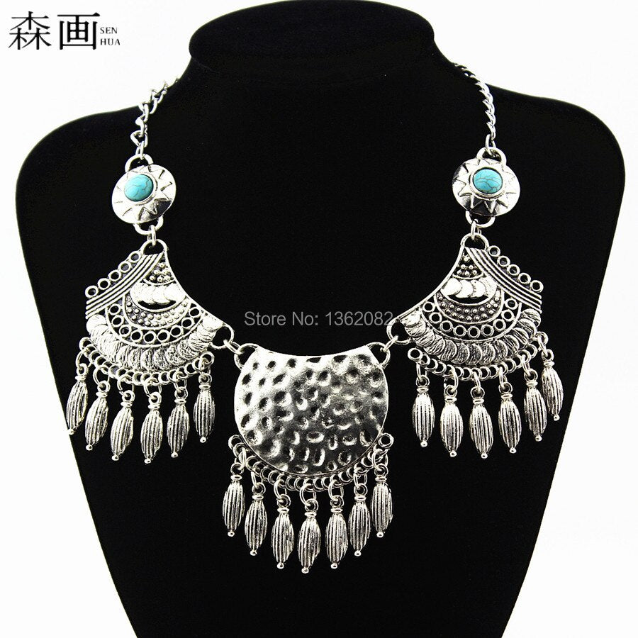 SENHUA Bohemian Tassel Antique Silver Pendant Colar Statement Necklaces Stone necklace jewelry for women Collier Femme MN608