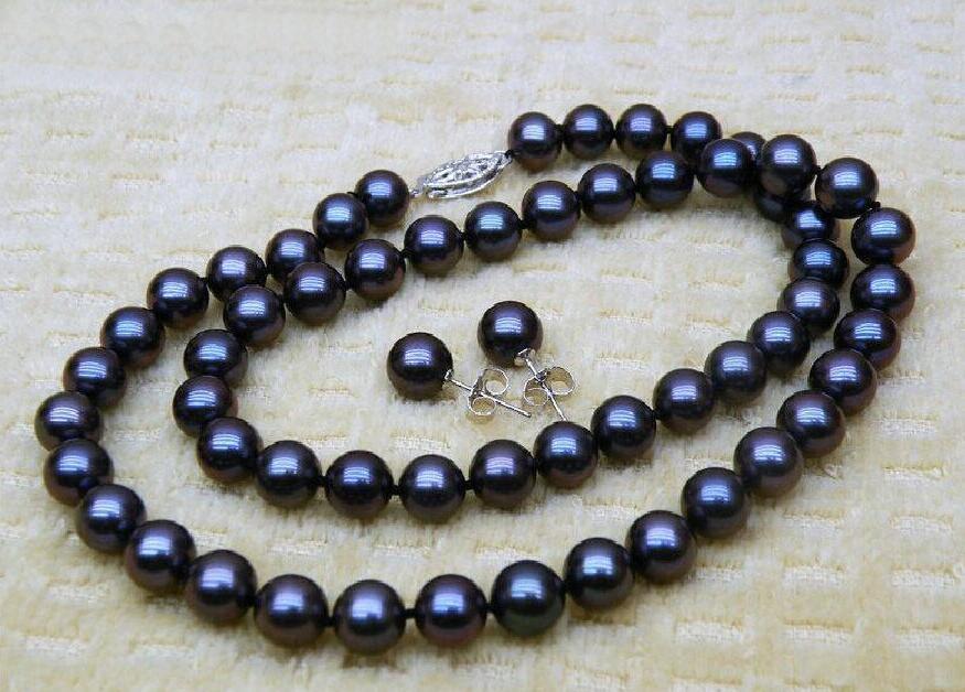 SET OF 9-10 MM BLACK TAHITIAN SOUTH SEA PEARL NECKLACE BRACELET EARRING18 INCH