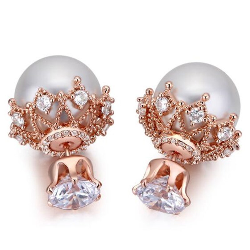 Rose Gold Color CZ Stud Earrings Fashion Jewelry For Women Korea Trendy Imitation Pearl Vintage -24890