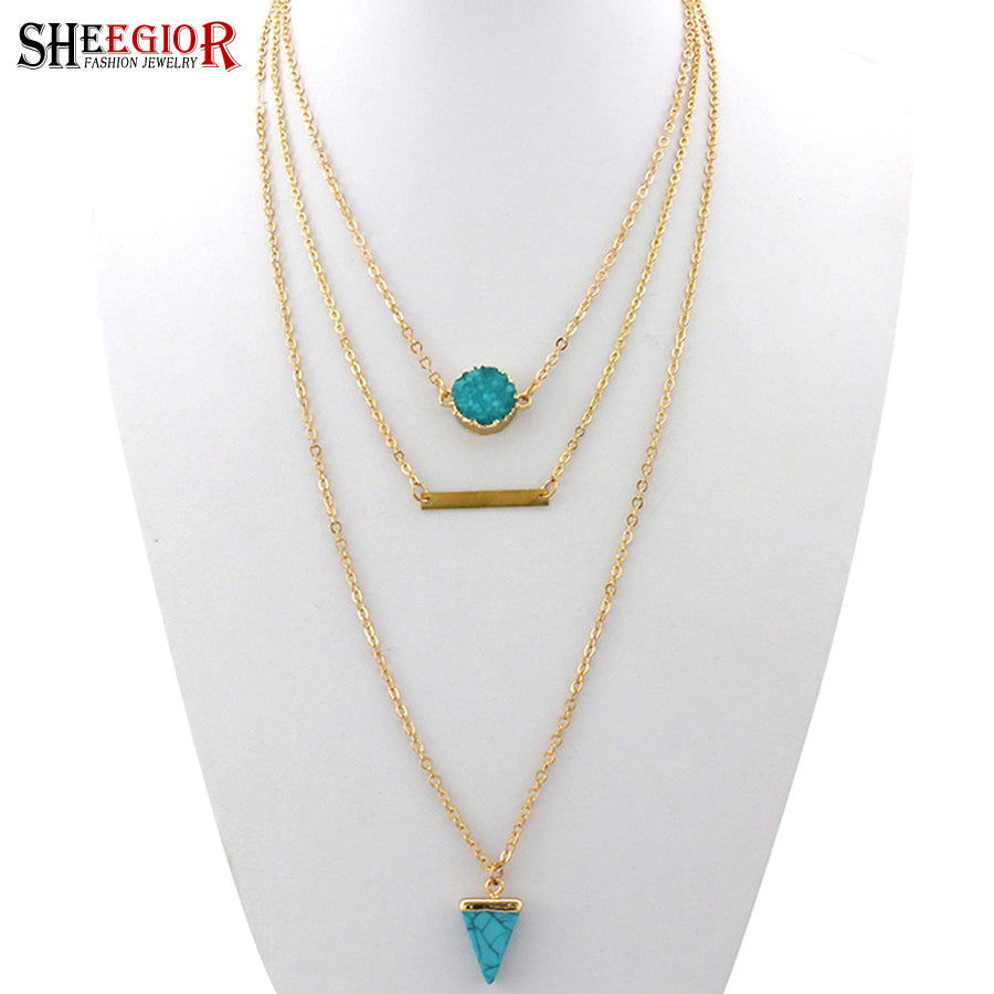 Bohemian Gold Chains Choker Necklace Women Triangle Turquoises Pendants Long Necklaces Fashion Jewelry Gifts