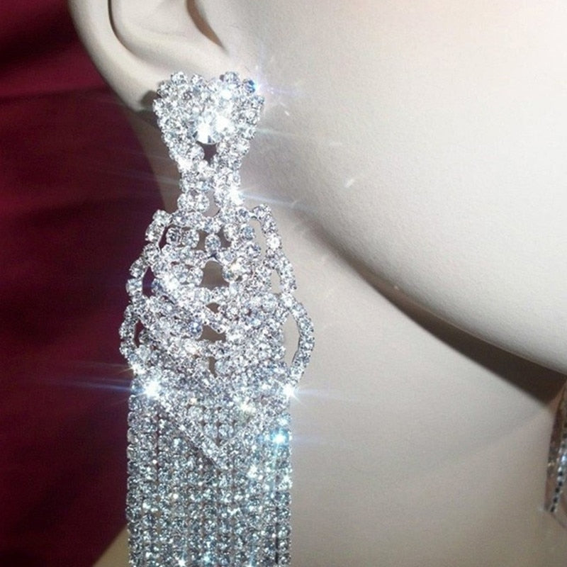 Crystal Diamante Rhinestone Long Tassel Earrings Heart Shape Drop Dangle Big Earrings Women Wedding Bridal Earrings