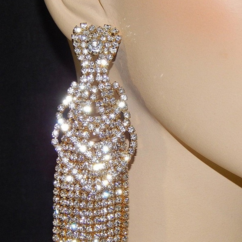 Crystal Diamante Rhinestone Long Tassel Earrings Heart Shape Drop Dangle Big Earrings Women Wedding Bridal Earrings