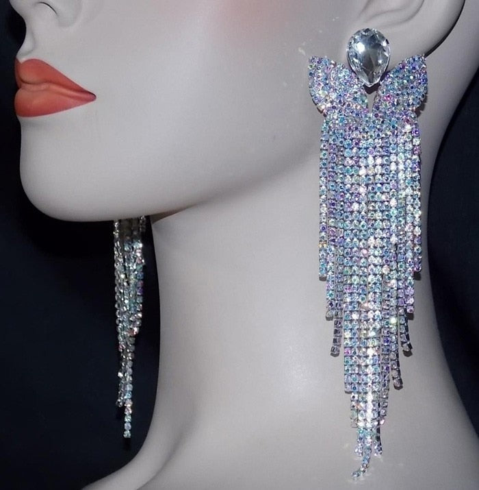 Luxury Sparkle Crystal AB Diamante Big Tassel Earrings Silver Rhinestone Long Drop Dangle Wedding Bridal Big Earrings