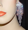 Luxury Sparkle Crystal AB Diamante Big Tassel Earrings Silver Rhinestone Long Drop Dangle Wedding Bridal Big Earrings