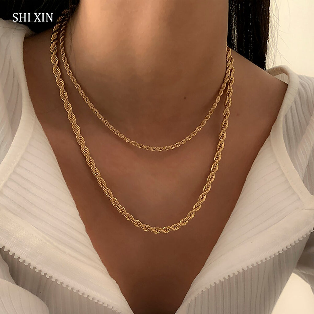 SHIXIN 2 Pce Layered Twisted Chain Choker Necklace Colar for Women Hiphop Gold/Silver Color Chunky Necklace 2021 Jewelry