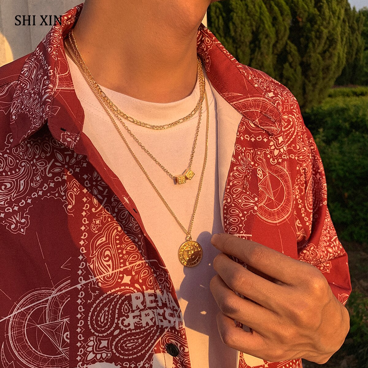 SHIXIN 2 Pcs Punk Thin Chain Choker Collar With Coin/Dice Pendant Necklaces Set for Men/Women Necklace on Neck 2021 Gift