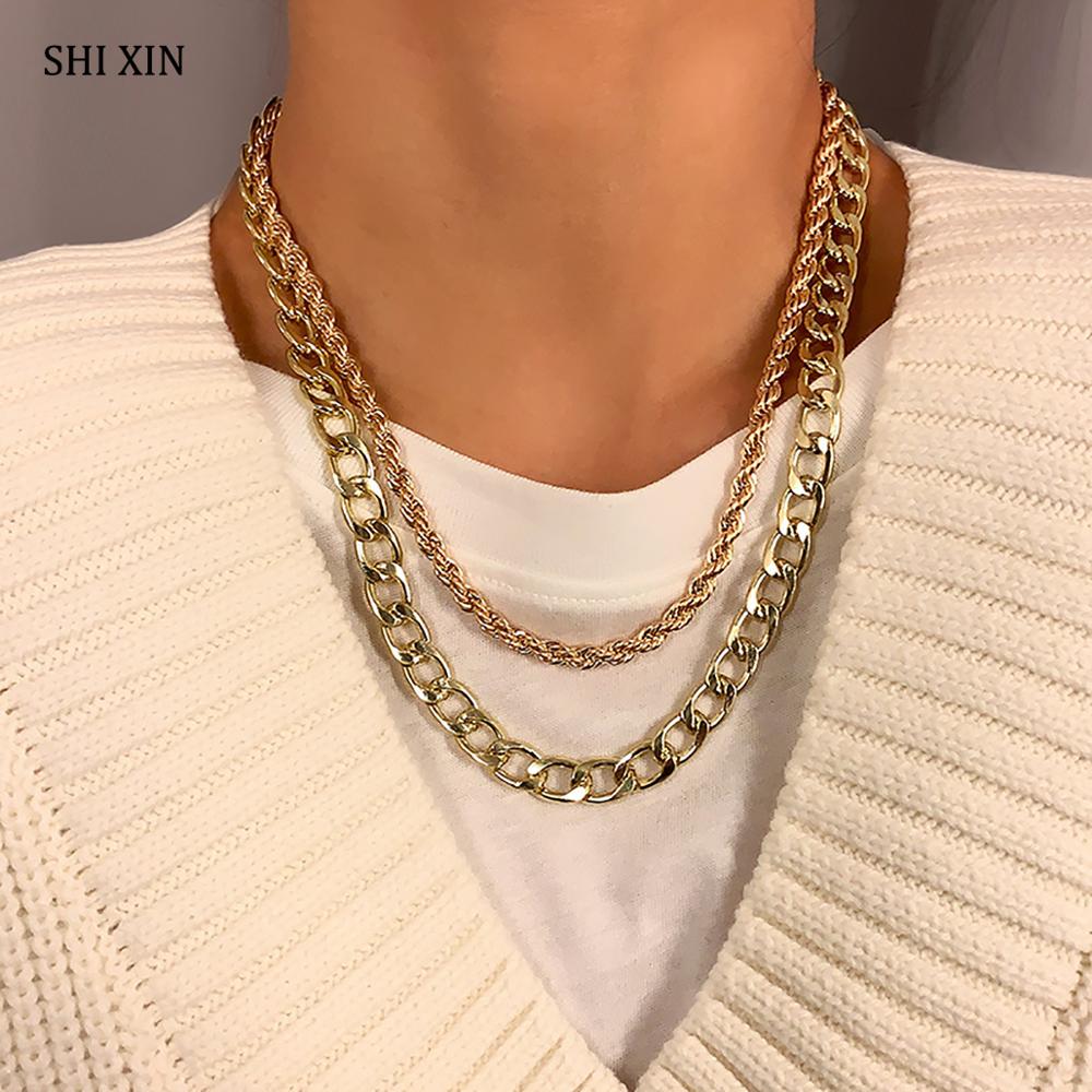 SHIXIN 2 Pcs/Set Hip Hop Chunky Chain Necklace on the Neck Punk Layered Thick Link Chain Short Choker Necklace for Women Jewelry