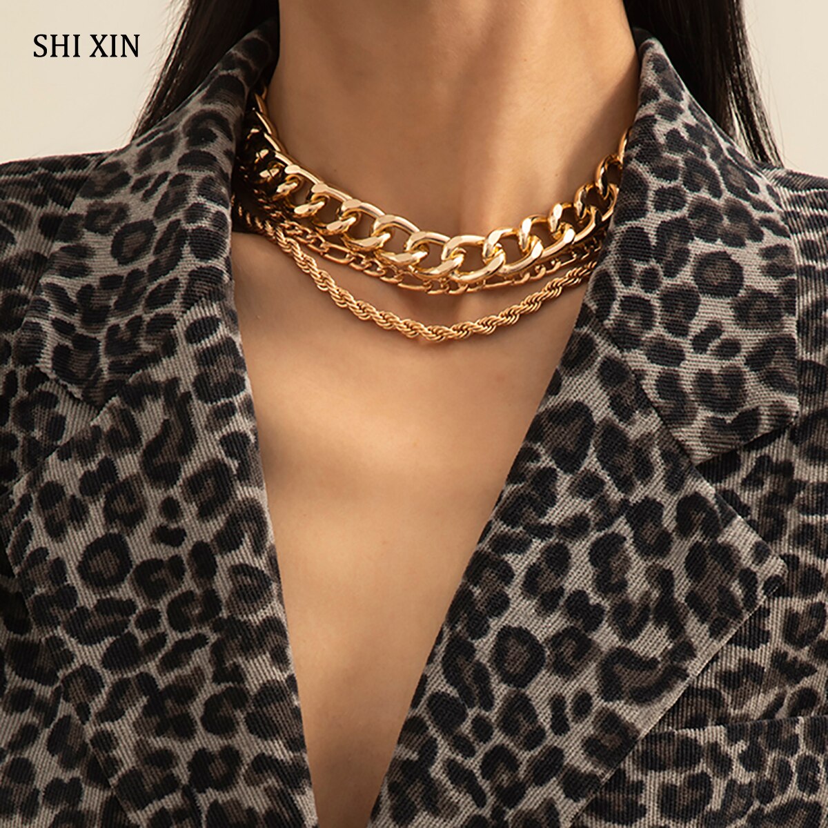 SHIXIN 3 Pcs/Set Chunky Twisted Chain Necklace on the Neck Hiphop Short Choker Necklace Colar for Women Layered Necklace Jewelry