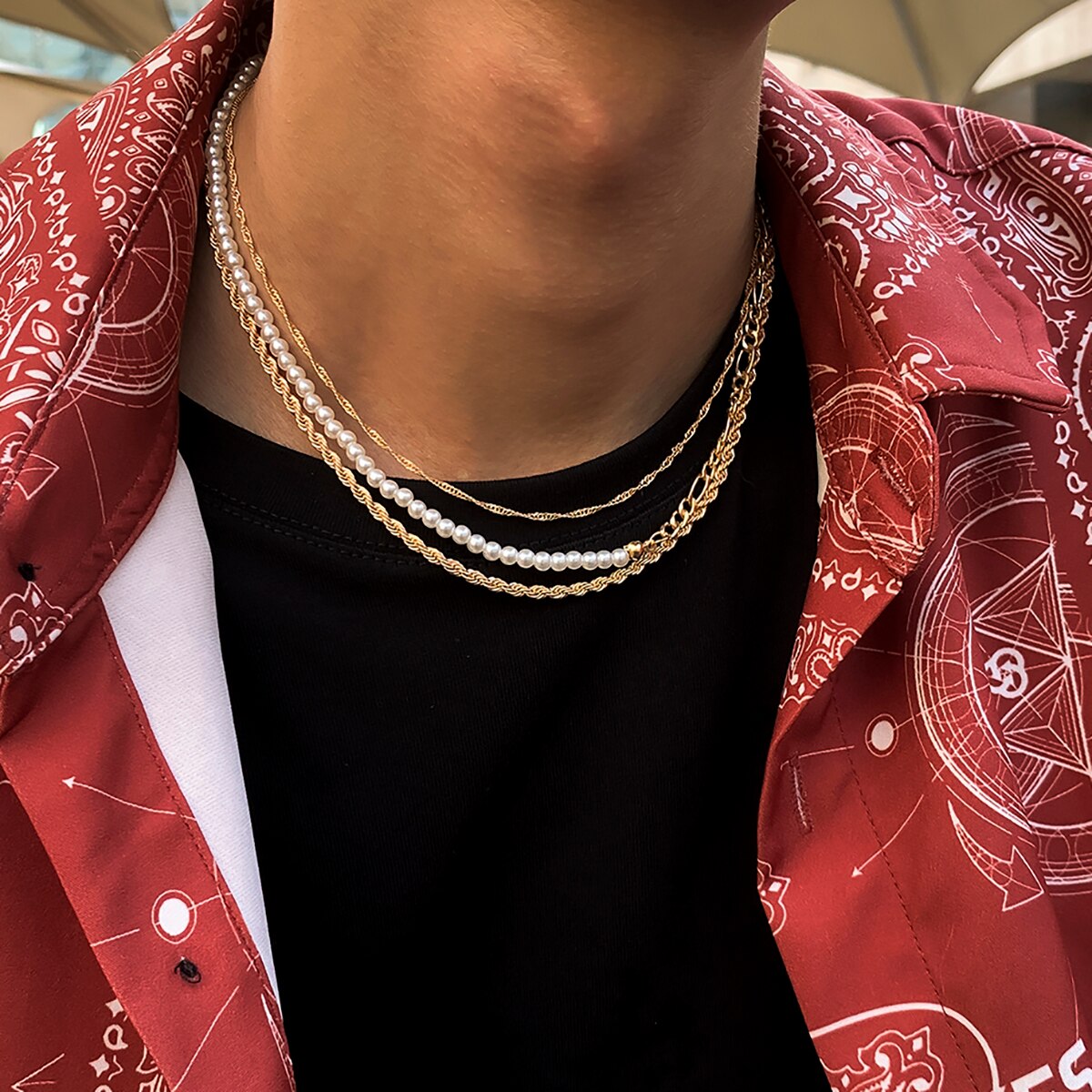 SHIXIN Asymmetry Pearl Beads Thin Link Chain Choker Necklace Set Men/Women Punk Multi Layered Necklace Chain on the Neck Jewelry