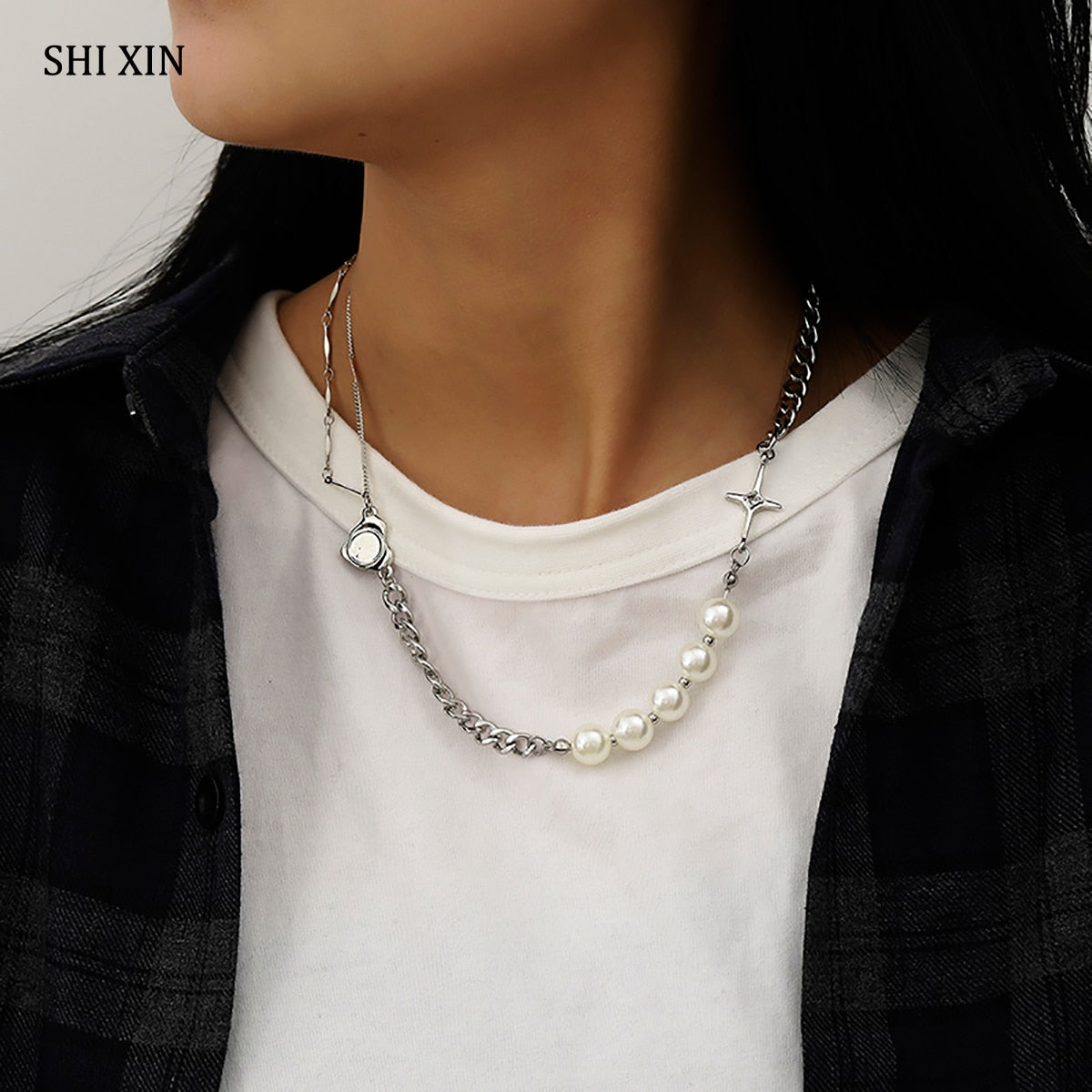 SHIXIN Asymmetry Stainless Steel Chain With Pearl Necklace for Women Punk Short Choker Colar Necklaces 2021 Neck Jewelry