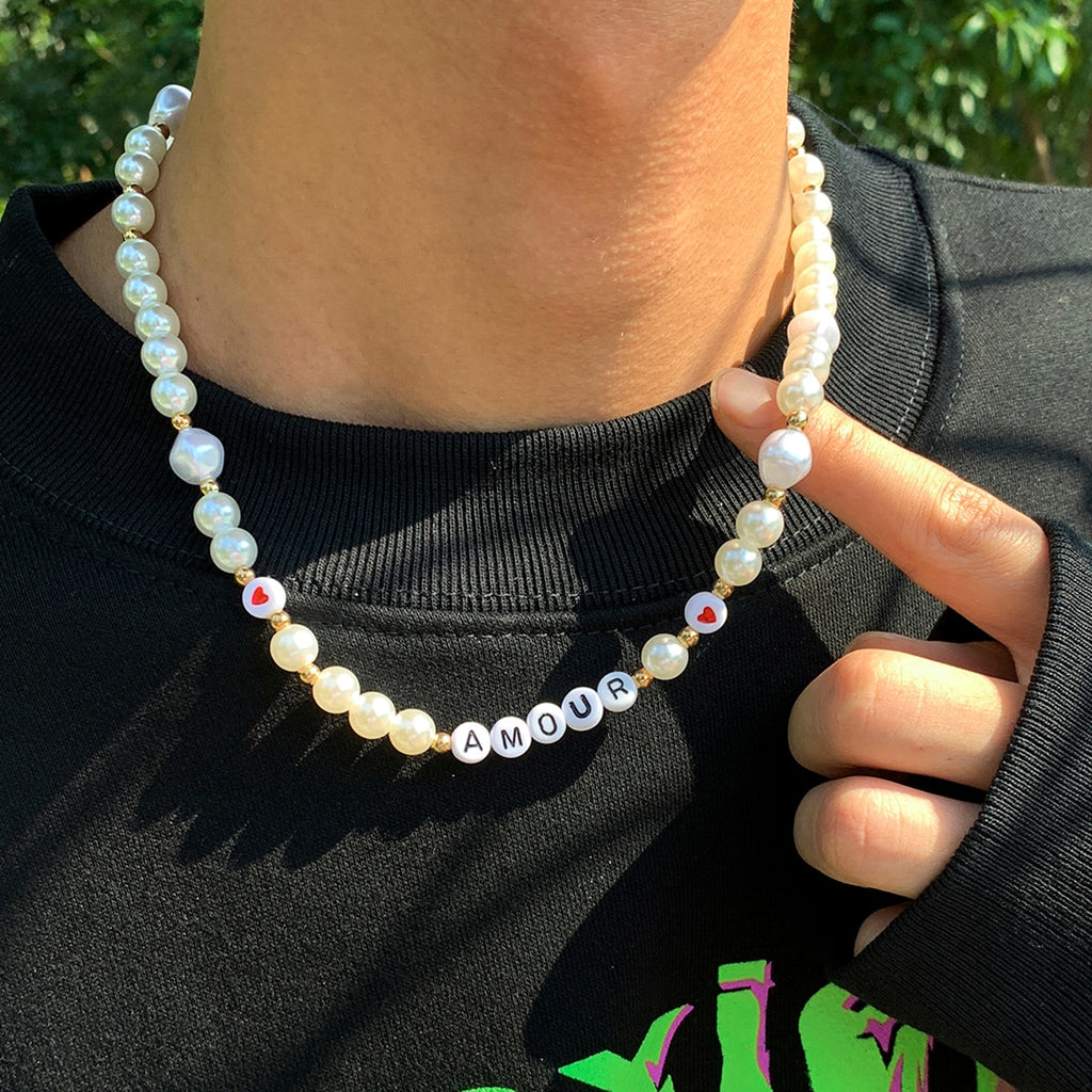 SHIXIN Bohemia Pearl Choker Necklace for Women/Men Summer Y2K Heart Gold Color Beads Necklace Jewelry for Neck Gift 2022