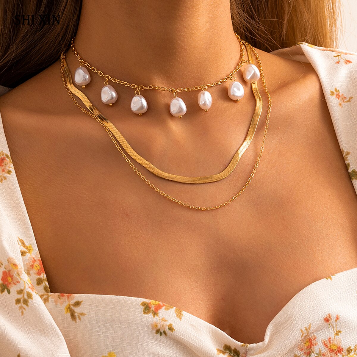 SHIXIN Bohemian Pearl Tassel Pendant Choker Necklaces for Women Snake Chain on Neck Jewelry Layered Necklaces 2021 Gifts