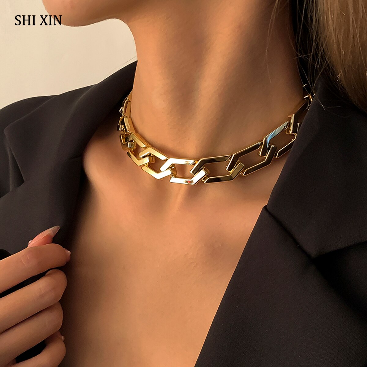 SHIXIN CCB Material Punk Thick Chain Necklace on Neck Hip Hop Chunky Short Choker Necklace for Women 2021 Statement Gift