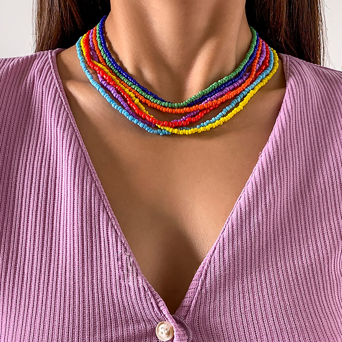 SHIXIN Colorful Beads Choker Necklace for Women  Rainbow Beaded Chain Around the Neck Necklaces Set Collier Femme Jewelry
