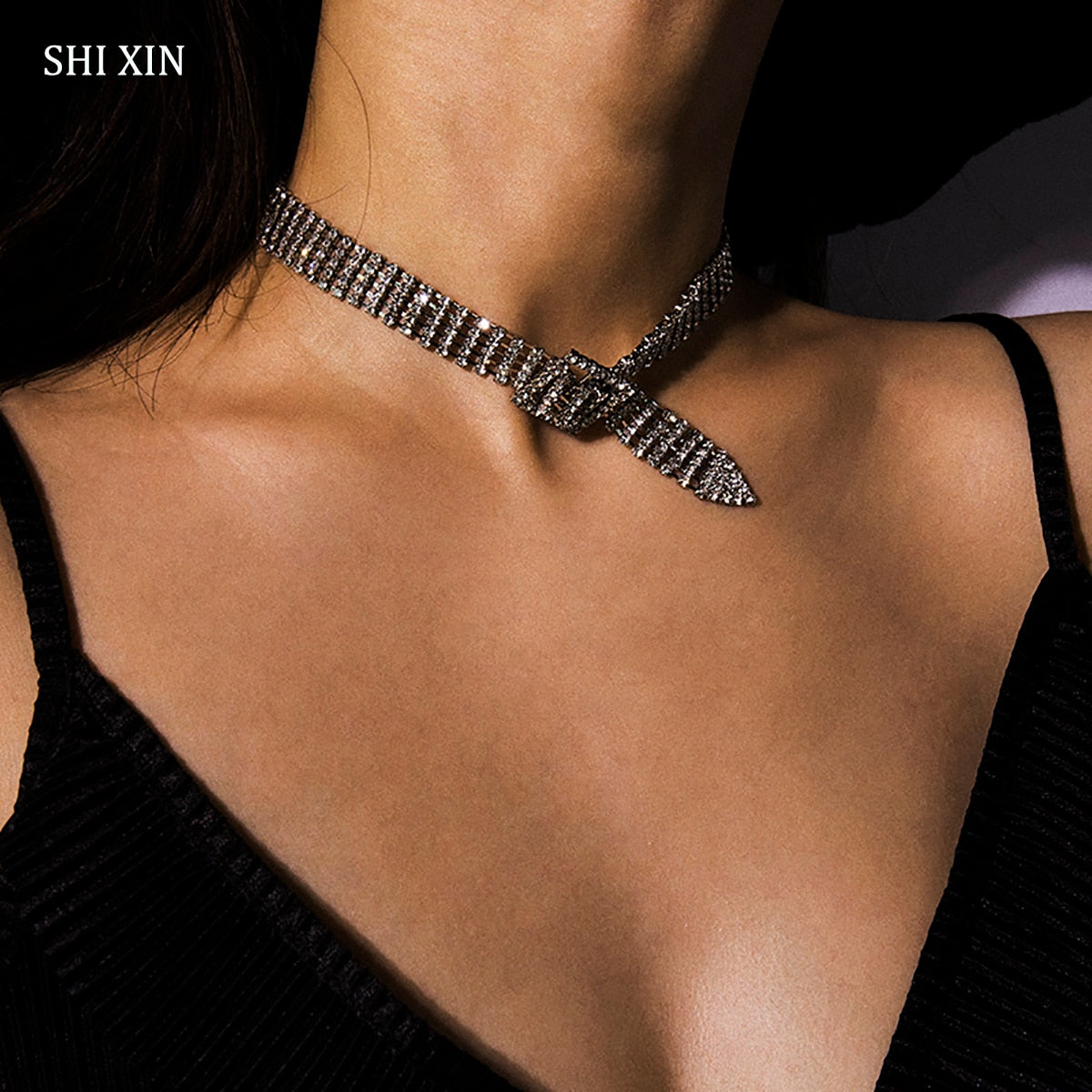 SHIXIN Full Rhinestone Choker Necklaces Punk Shiny Crystal Necklace for Women Belt Designer BDSM Collar on the Neck Collier 2021