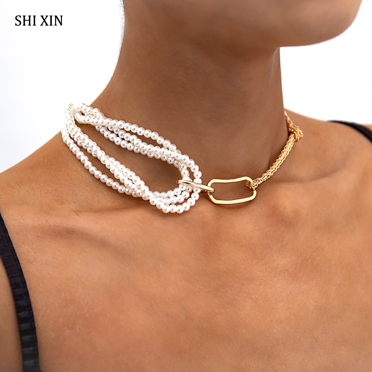 SHIXIN Hip Hop Asymmetric Knot Chain Pearl Choker Necklace for Women Chunky Short Chokers Collar Necklaces 2021 Collier