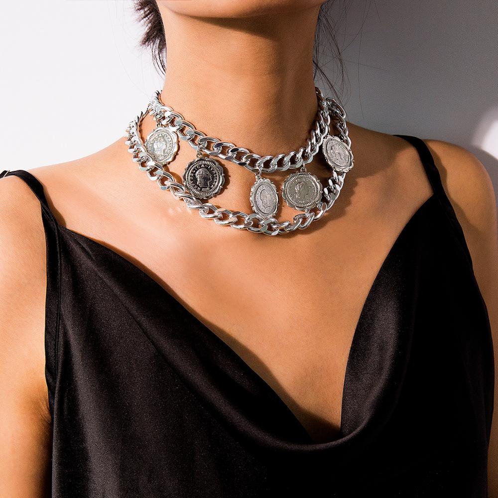 SHIXIN Hip Hop Chunky Necklace for Women Punk Layered Chain Choker Necklaces Vintage Coin Pendant Necklaces 2021 Jewelry