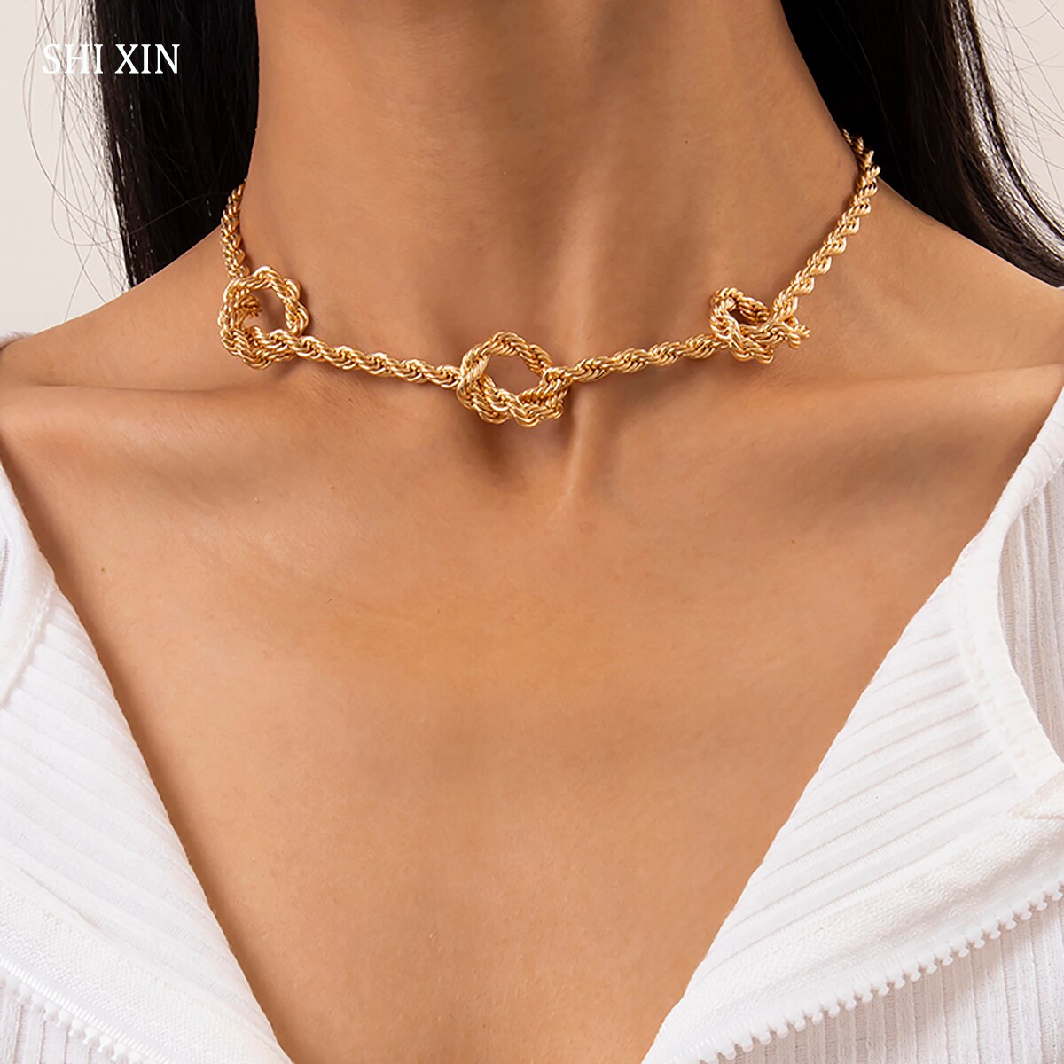 SHIXIN Hip Hop Chunky Twisted Chains with Knot Necklace for Women Punk Short Choker Necklace Collar on Neck 2021 Jewelry