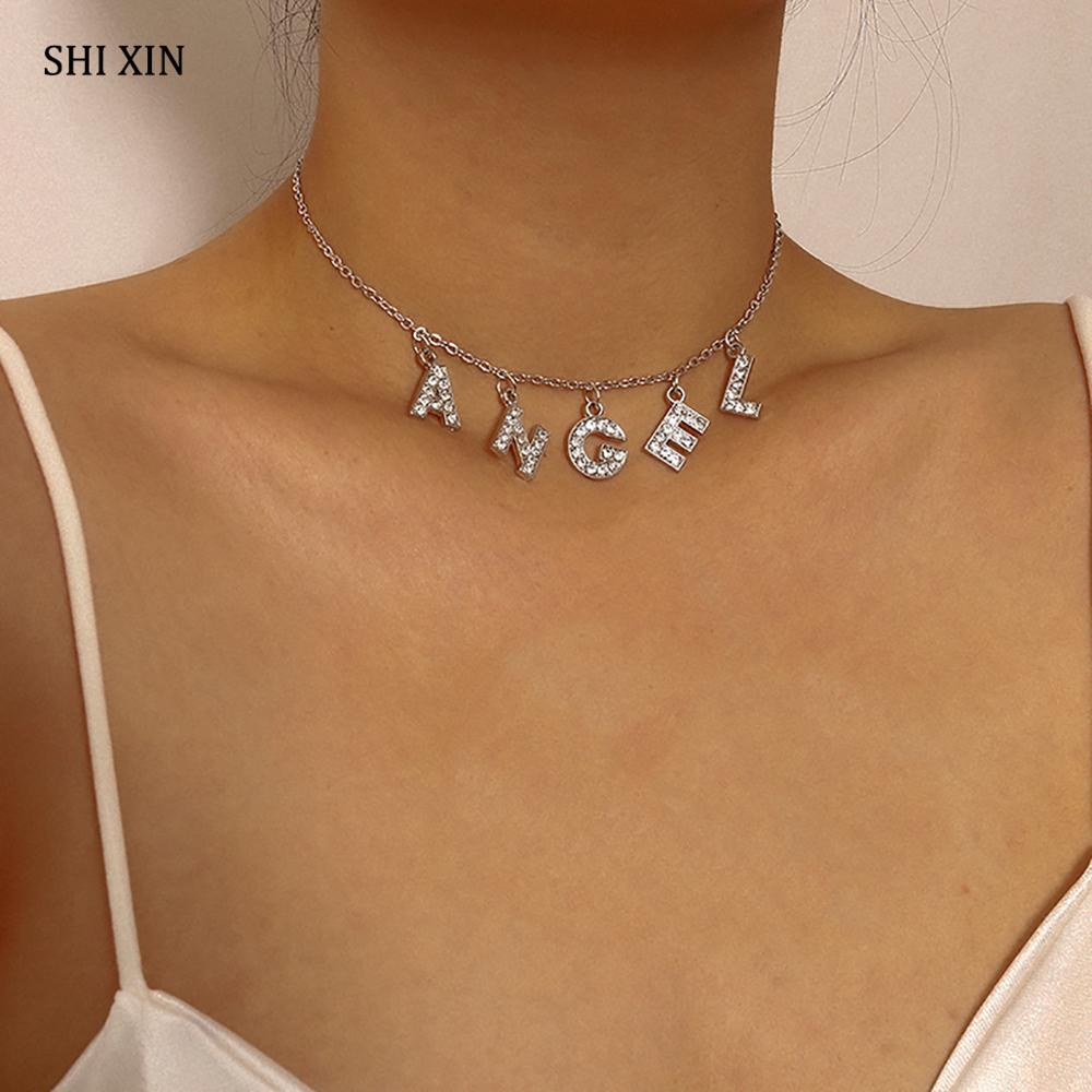 SHIXIN Hip Hop Crystal Letter Choker Necklace for Women/Girl Angel Rhinestones Necklace 2021 Short Choker Collar
